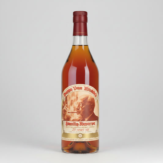 Bottle of Pappy Van Winkle's Rye Whiskey with a label featuring a portrait and text.