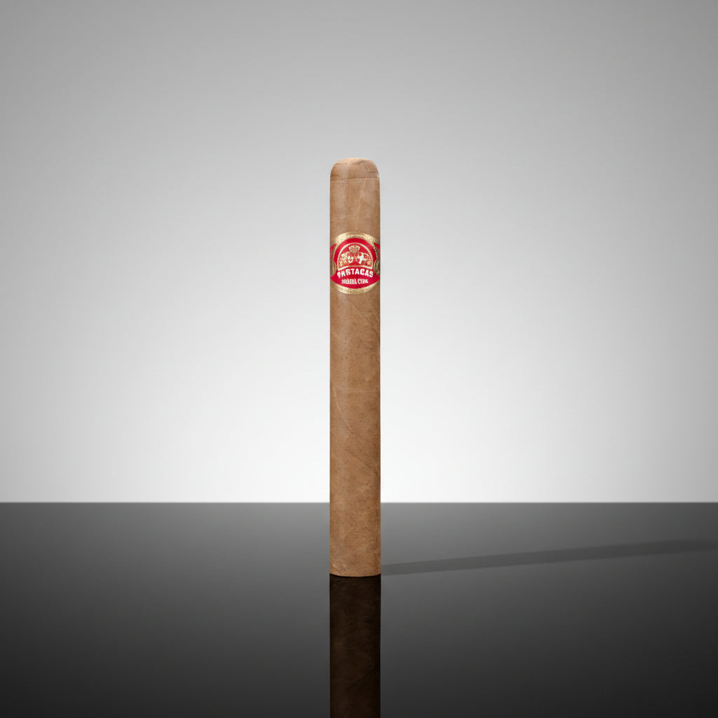 A single brown Partagas Mille Fleurs cigar with a red and white circular 'Habanos' label, shown vertically against a white background with a faint reflection below.