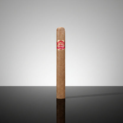 A single brown Partagas Mille Fleurs cigar with a red and white circular 'Habanos' label, shown vertically against a white background with a faint reflection below.