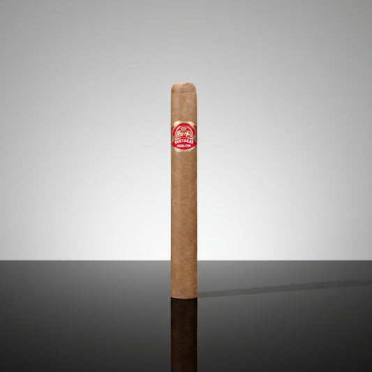 A single brown Partagas Mille Fleurs cigar with a red and white circular 'Habanos' label, shown vertically against a white background with a faint reflection below.