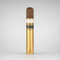 A single cigar in its gold wrapper, standing upright against a neutral light gray background. The wrapper features a white band with gold lettering that reads '4 MAYET' and 'Cigars', along with a black band with gold script.