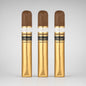 Three gold cigar wrappers standing upright side by side, each topped with a brown cigar tip and a white-and-gold label reading CAVALLINI.