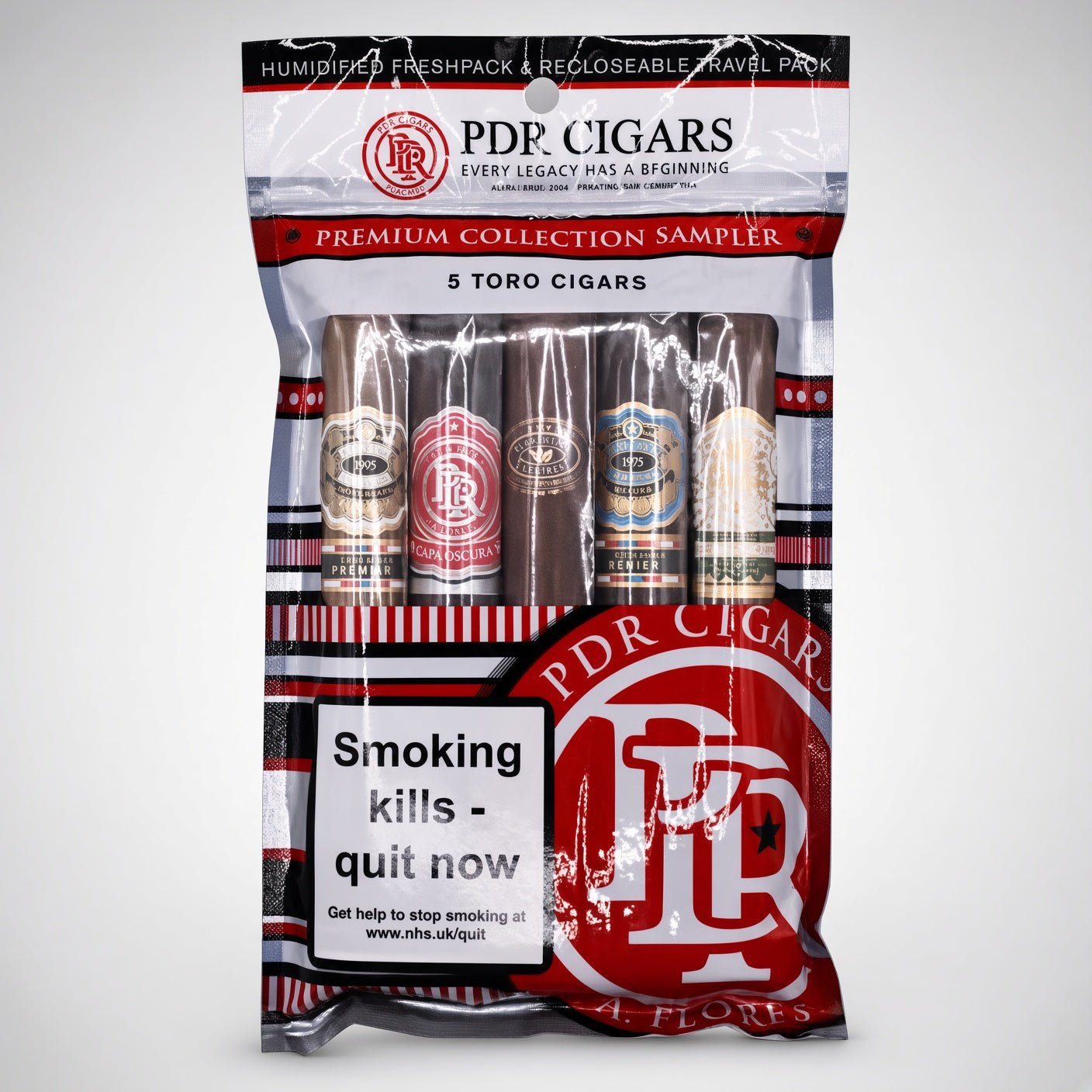 PDR Cigars Premium Collection Sampler in a 5-count pack of Toro Cigars, shown in its original retail packaging against a light gray background.