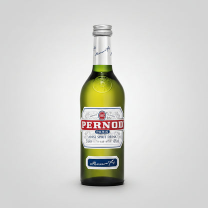 A bottle of Pernod Anise Spirit Drink 170ml, featuring a green glass bottle, a silver metal cap, and a white label with red and blue branding.