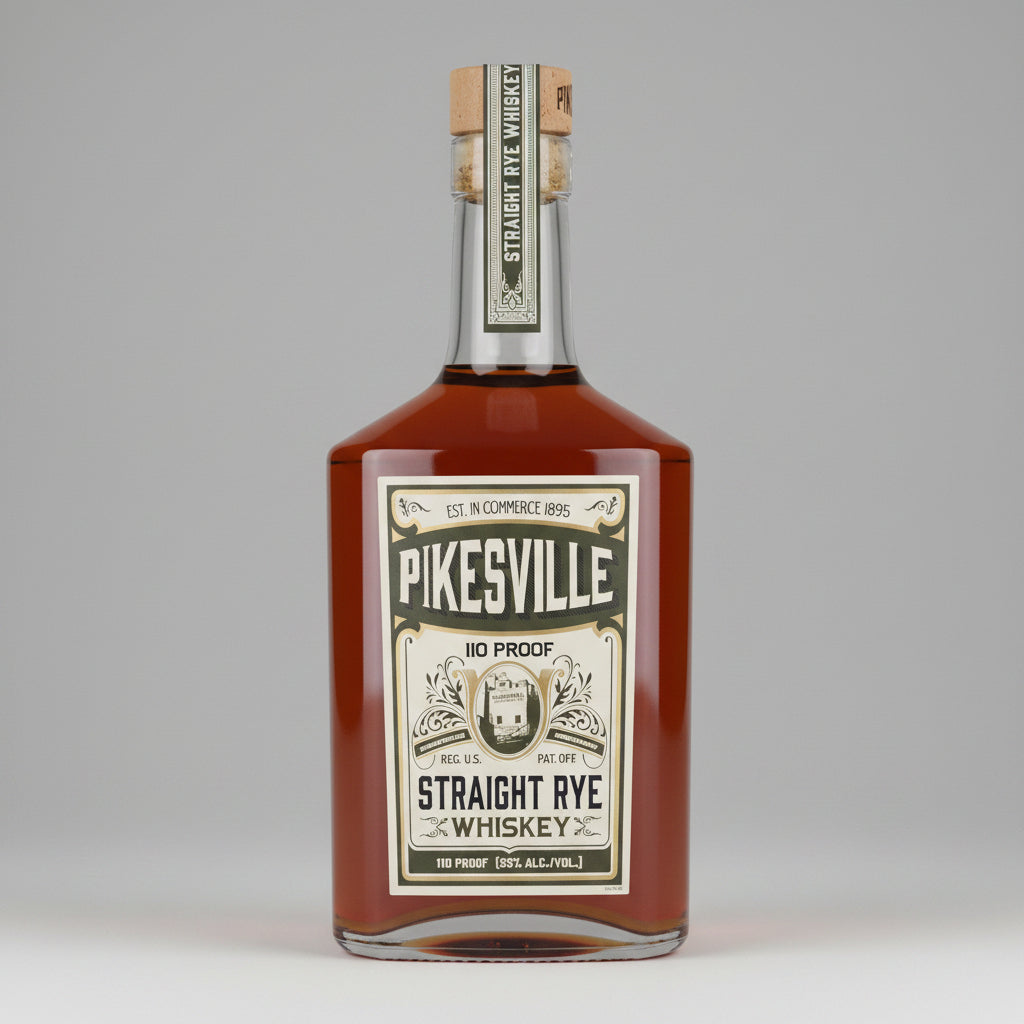 A bottle of Pikesville Straight Rye Whiskey, 110 Proof, 750 mL, featuring a cream and black label with a vintage design, filled with amber liquor, and sealed with a cork stopper.