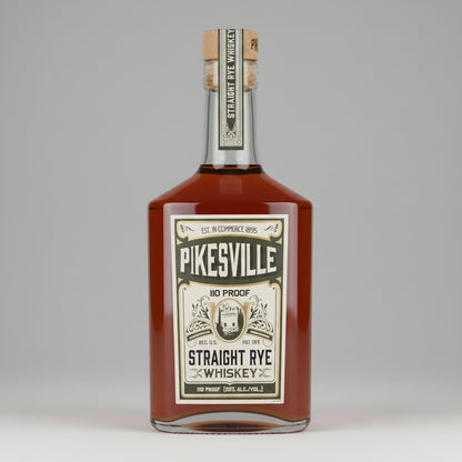 A bottle of Pikesville Straight Rye Whiskey, 110 Proof, 750 mL, featuring a cream and black label with a vintage design, filled with amber liquor, and sealed with a cork stopper.