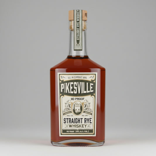 A bottle of Pikesville Straight Rye Whiskey, 110 Proof, 750 mL, featuring a cream and black label with a vintage design, filled with amber liquor, and sealed with a cork stopper.