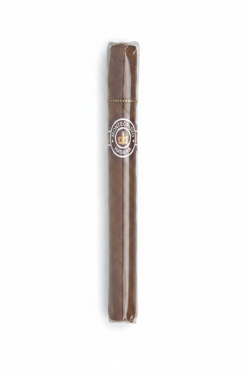 A single Montecristo Haban cigar in its clear plastic wrapper, showing the brown tobacco body and the circular Montecristo logo band.