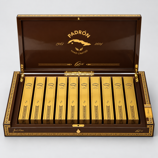 An open Padrón cigar box displaying ten gold cigars inside a dark brown wooden case with gold detailing, set against a light gray background.