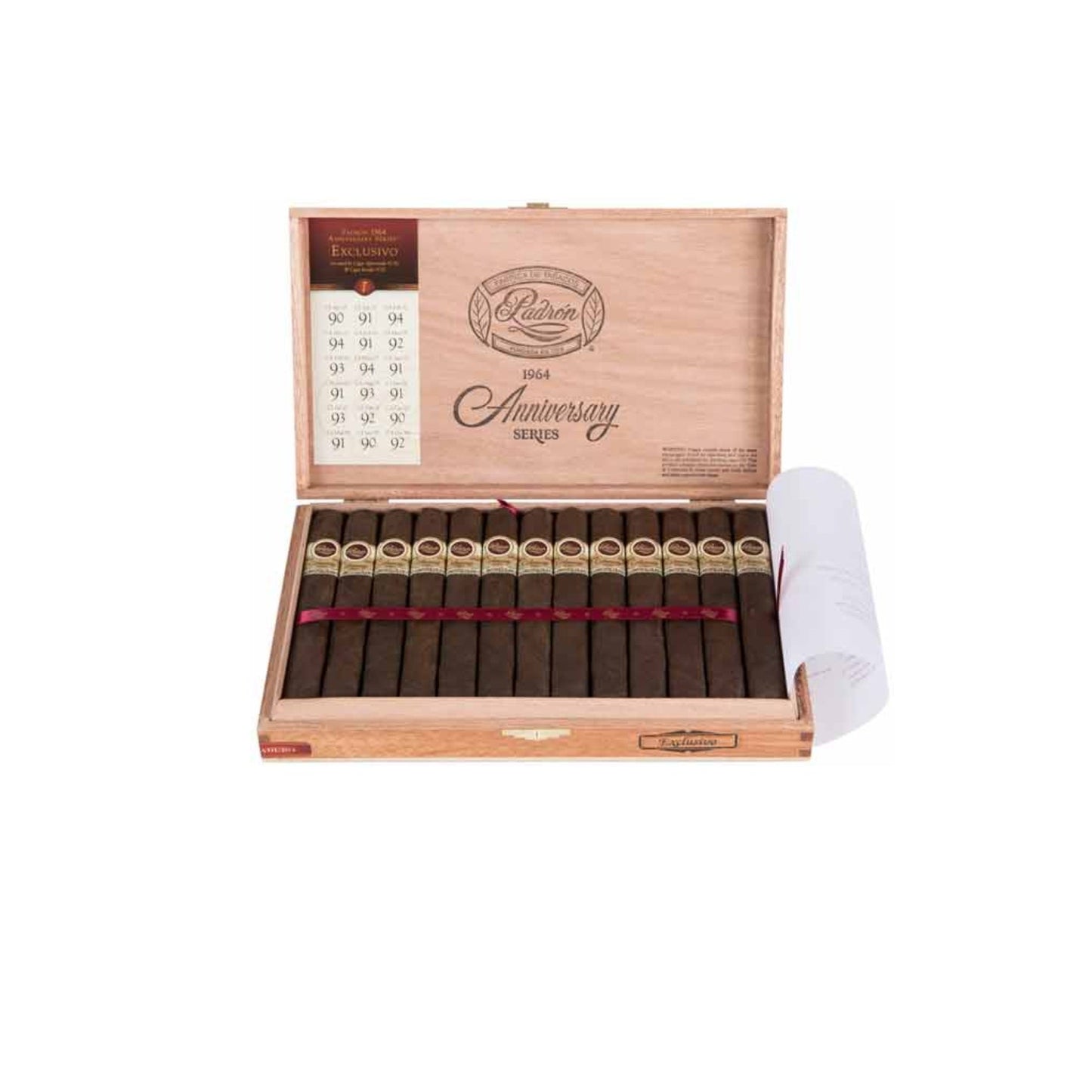 Open wooden box of cigars with cigars inside on a white background