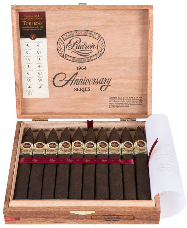 Open wooden box of Padron 1964 Anniversary Series cigars on a white background