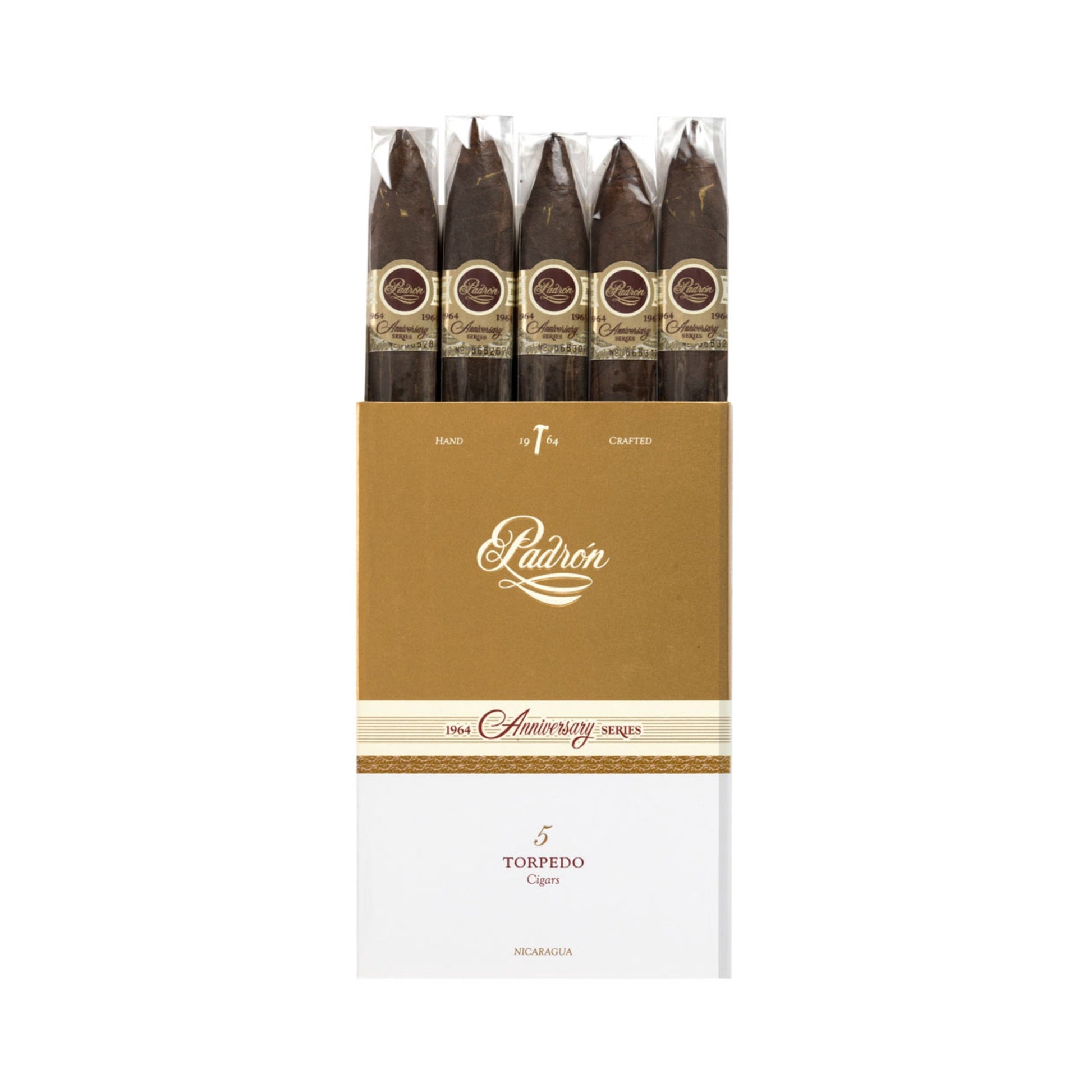 Pack of Padron cigars with a brown and white label on a white background
