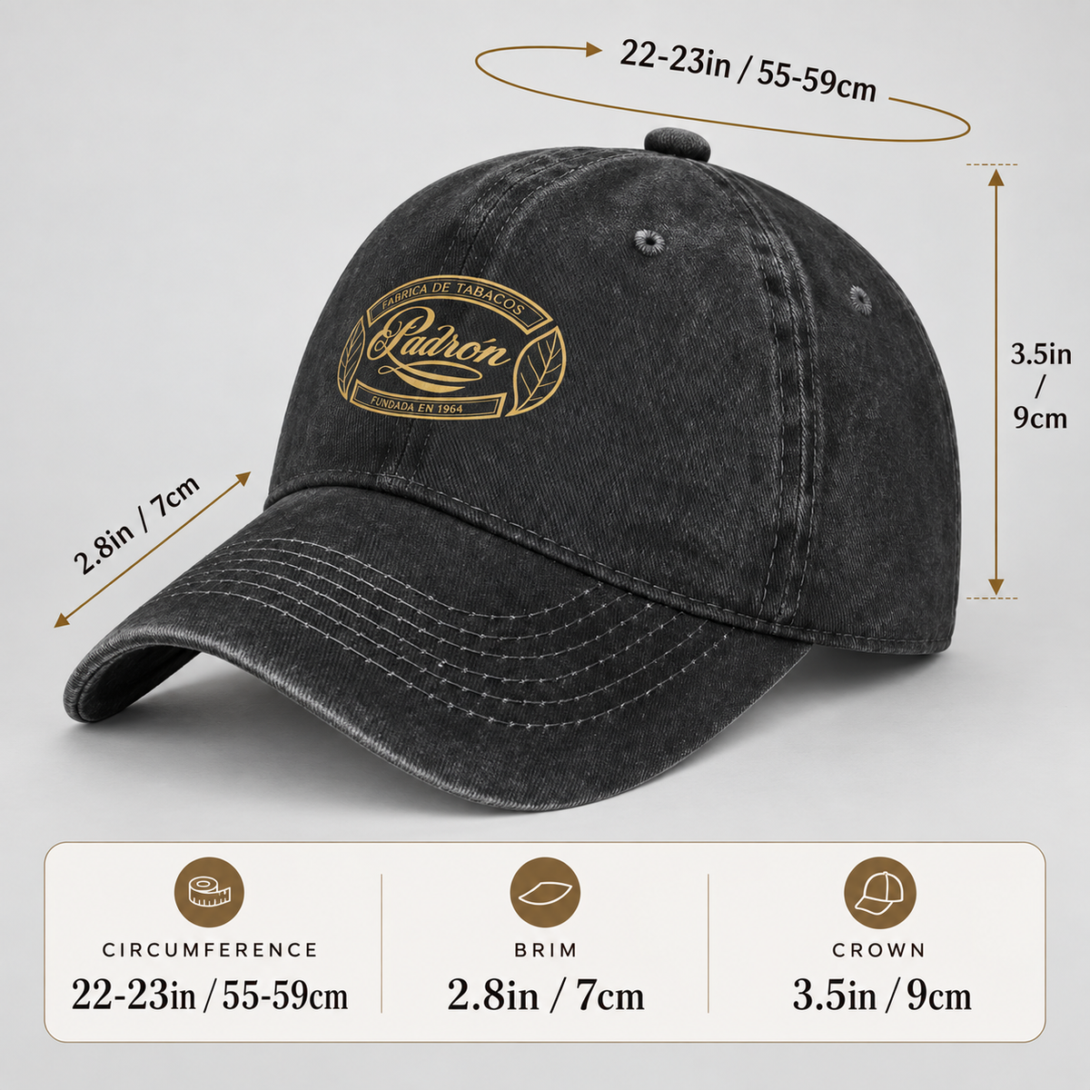 A dark washed baseball cap with a gold embroidered logo on the front, shown with dimension arrows and text indicating measurements for circumference, brim, and crown on a light gray background.