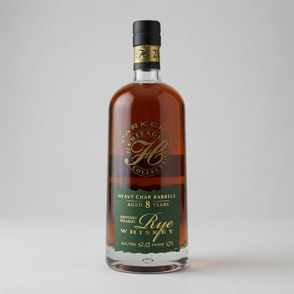 A bottle of Parker's Heritage Collection 1910 Rye Whiskey, 8 years aged in heavy char barrels, shown on a neutral light gray background.
