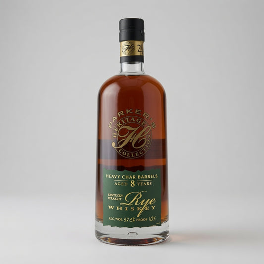 A bottle of Parker's Heritage Collection 1910 Rye Whiskey, 8 years aged in heavy char barrels, shown on a neutral light gray background.