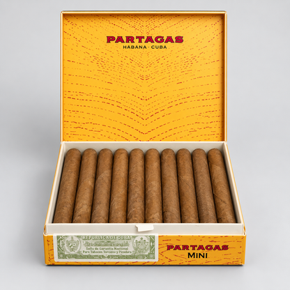 An open box of Partagas Mini cigars on a light gray background. The box is yellow-orange with red and black text, and contains multiple brown cigars arranged in rows.