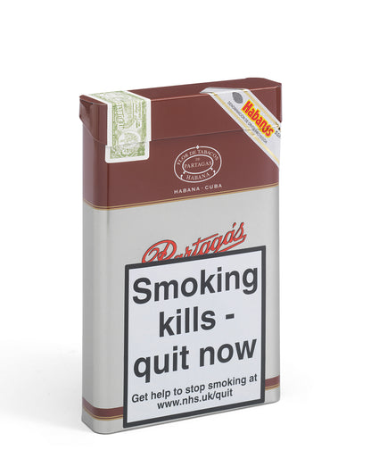 A rectangular metal tin of Partagas Habanero cigars on a white background, featuring a prominent smoking health warning label on the front.