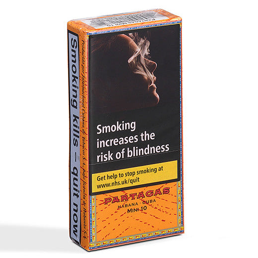 A pack of Partagas Quit Now Minis 10 cigarettes, featuring a black and orange design with a smoking graphic and health warning text.