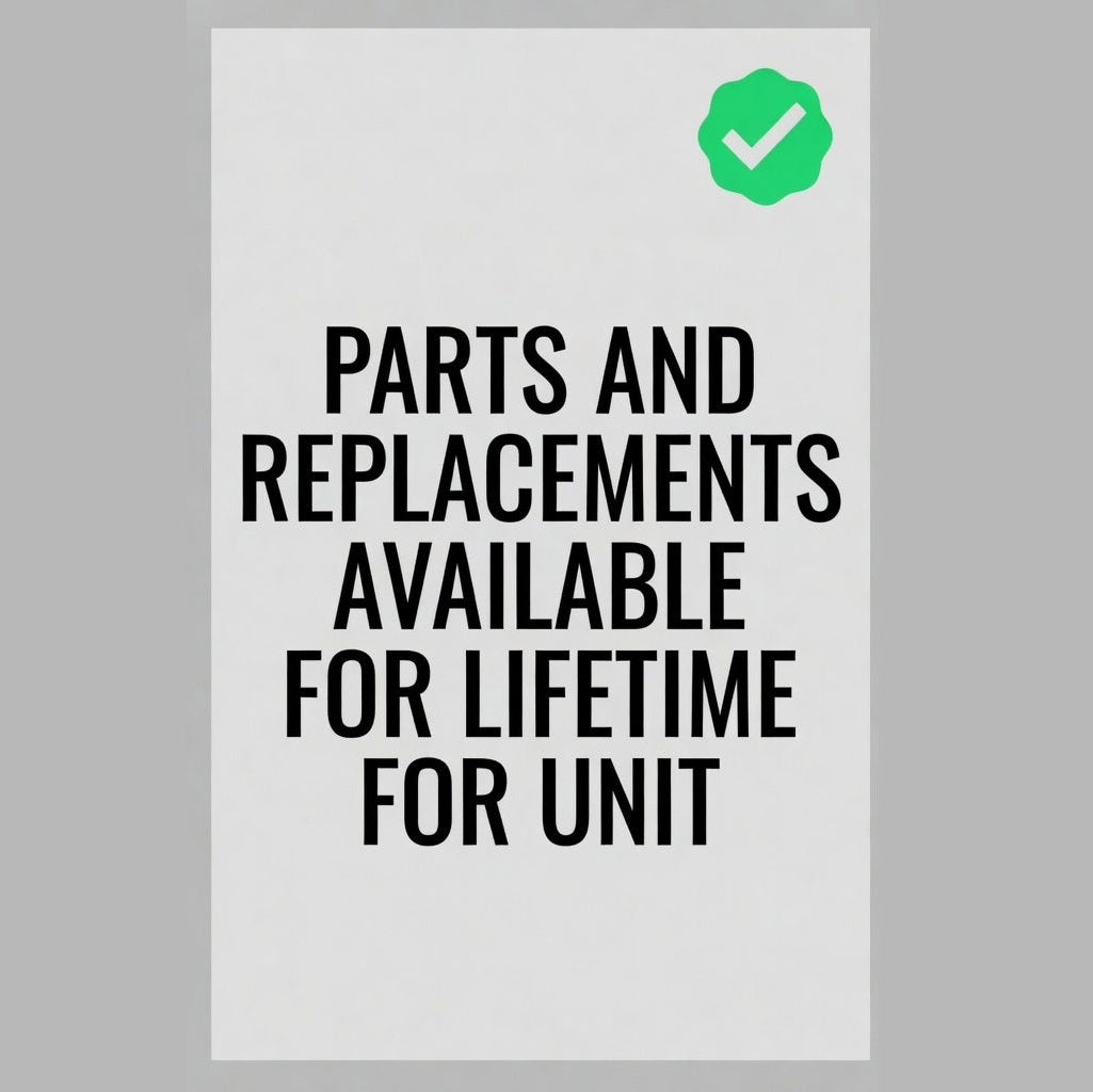 Text on a white background with a green check mark, indicating parts and replacements are available for a lifetime.