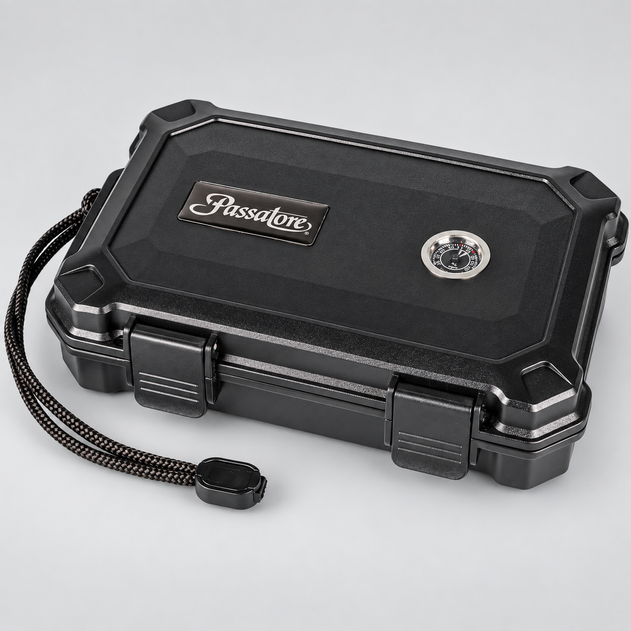 A black heavy-duty protective case with a textured lid, featuring a silver 'Passalore' logo plate and a small circular dial, shown with a black and gray braided lanyard on a light gray background.