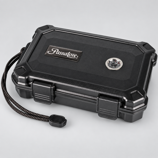 A black heavy-duty protective case with a textured lid, featuring a silver 'Passalore' logo plate and a small circular dial, shown with a black and gray braided lanyard on a light gray background.