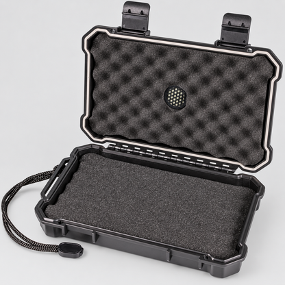 An open black hard protective case with custom black foam padding inside, shown on a light gray background.