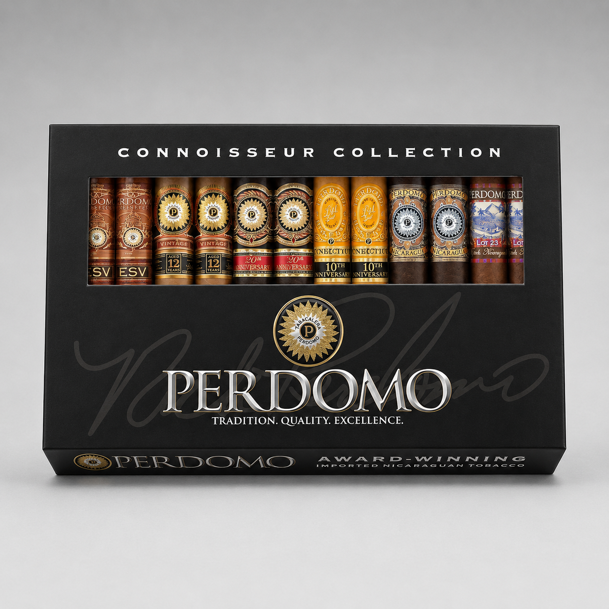 A Perdomo Connoisseur Collection cigar box containing ten cigars, displayed on a neutral gray background.