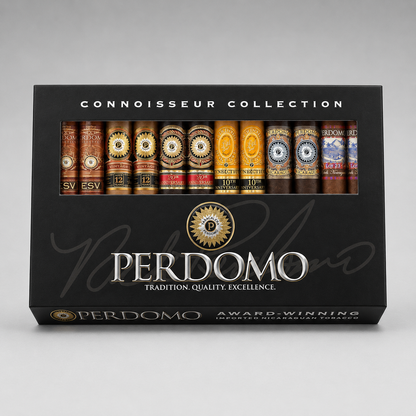 A Perdomo Connoisseur Collection cigar box containing ten cigars, displayed on a neutral gray background.