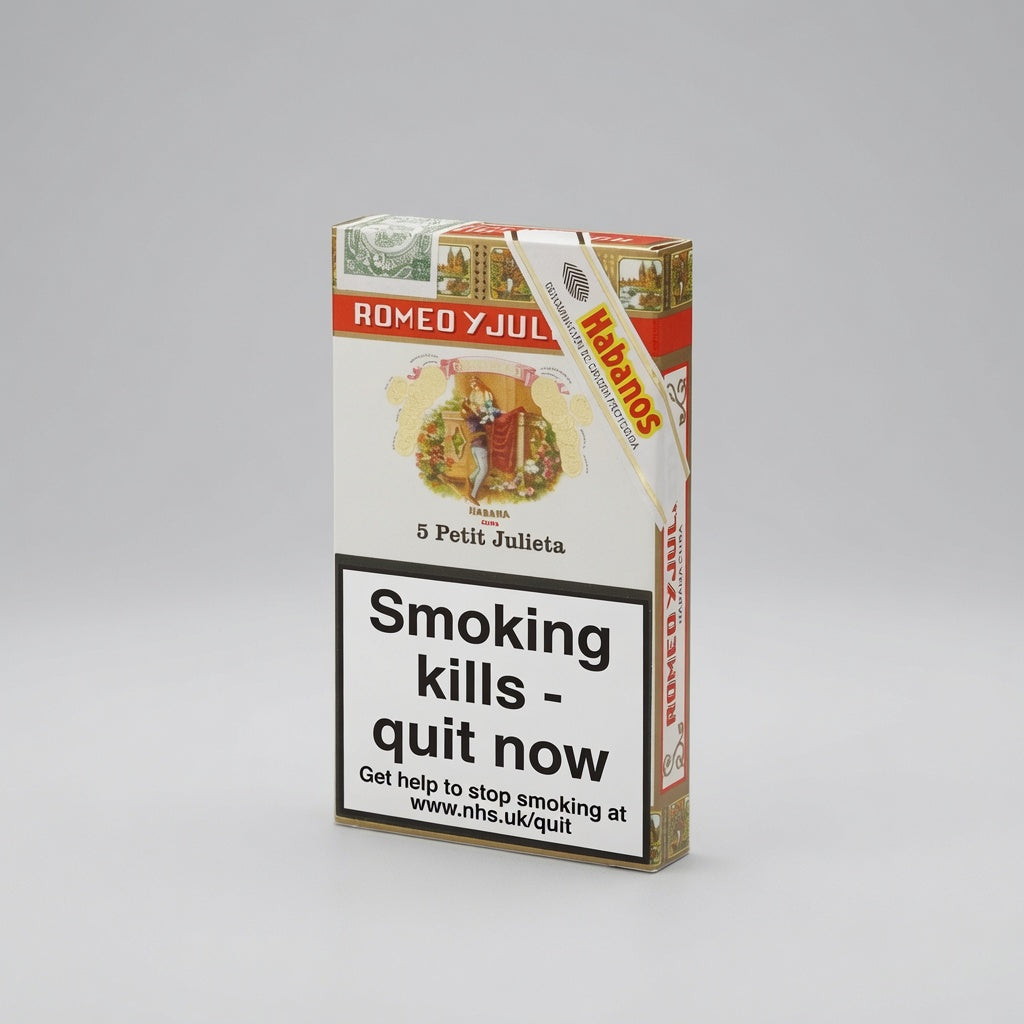 A pack of Romeo Julliete 5 Petit Julietta cigarettes by Habitos, featuring a prominent health warning label on the front, set against a neutral gray background.