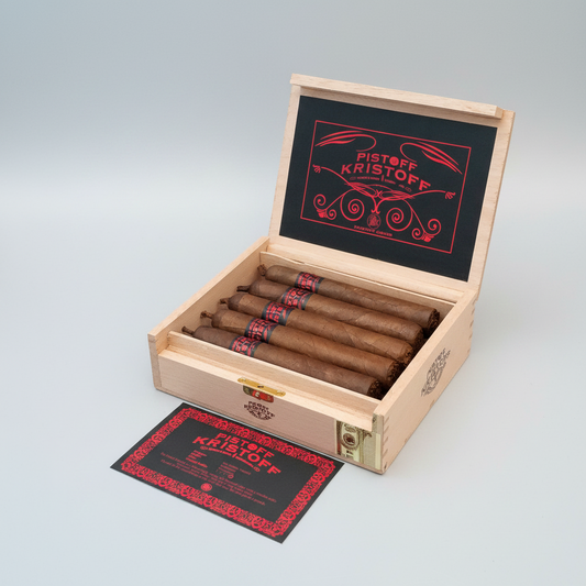 Box of Pistoff Kristoff cigars with a wooden box and black label.