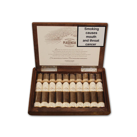 Wooden box of Plasencia cigars with warning label on a white background