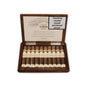 Wooden box of Plasencia cigars with warning label on a white background