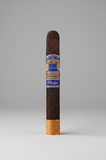 A single dark brown cigar with a blue, gold, and white band labeled 'Pledge' and a gold tip, isolated on a white background.