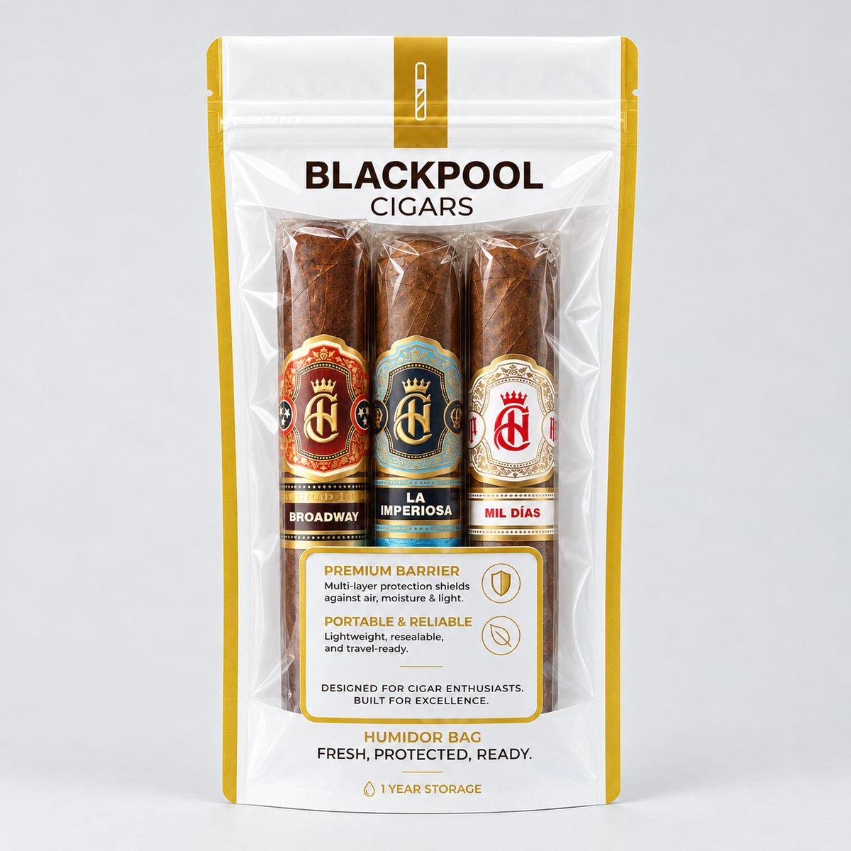A Blackpool Cigars humidifier bag containing three cigars, shown on a clean white background. The packaging is white with gold accents and features the brands Broadway, La Imperiosa, and Mil.