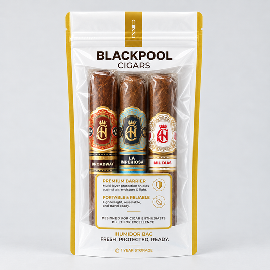 A Blackpool Cigars humidifier bag containing three cigars, shown on a clean white background. The packaging is white with gold accents and features the brands Broadway, La Imperiosa, and Mil.
