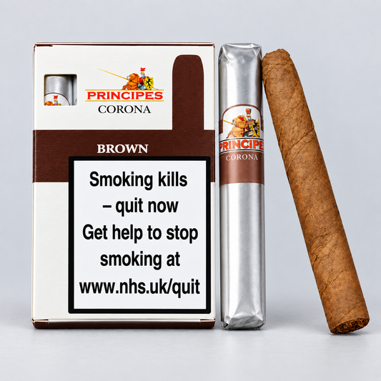 Principes Corona brown cigar packaging shown with a silver-wrapped cigar and one exposed brown cigar on a light gray background.