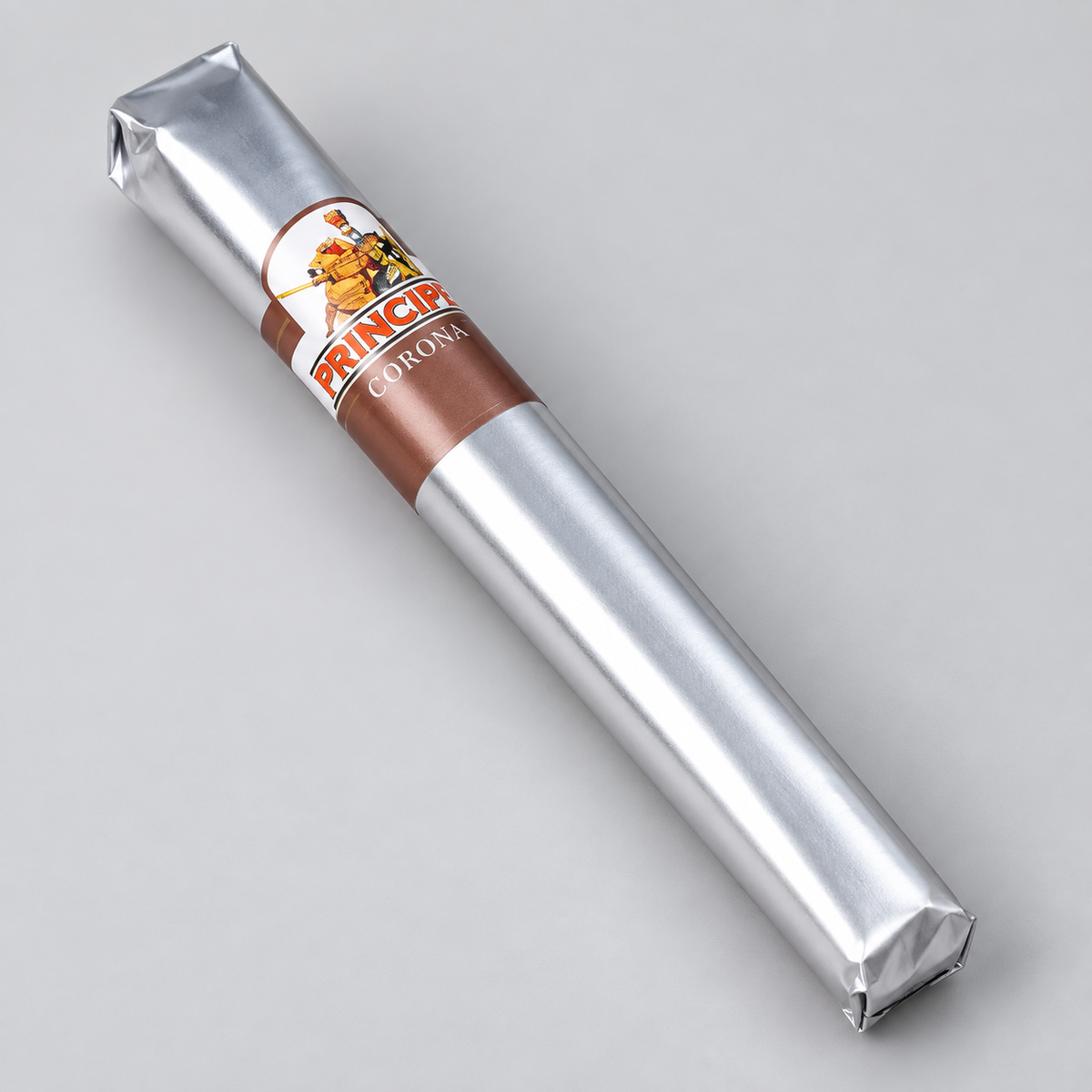 A single silver-wrapped cigar, identified as a Filhorn Corona, resting diagonally on a neutral gray background.