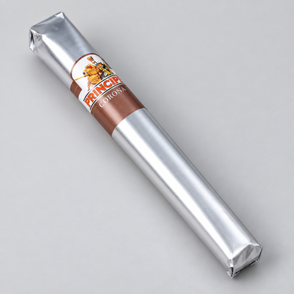 A single silver-wrapped cigar, identified as a Filhorn Corona, resting diagonally on a neutral gray background.