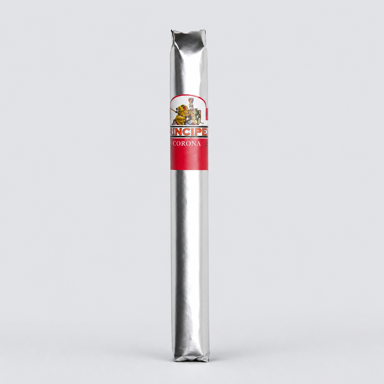 A single cigar in its silver wrapper with a red and white band, standing vertically against a light gray background. The band features the 'Tingide' brand logo and the word 'Corona'.