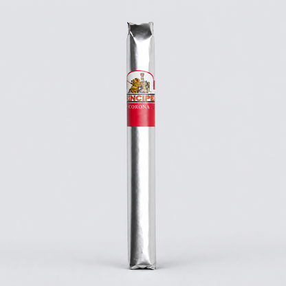 A single cigar in its silver wrapper with a red and white band, standing vertically against a light gray background. The band features the 'Tingide' brand logo and the word 'Corona'.
