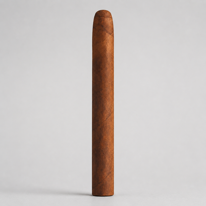 A single brown cigar standing vertically against a plain light gray background.