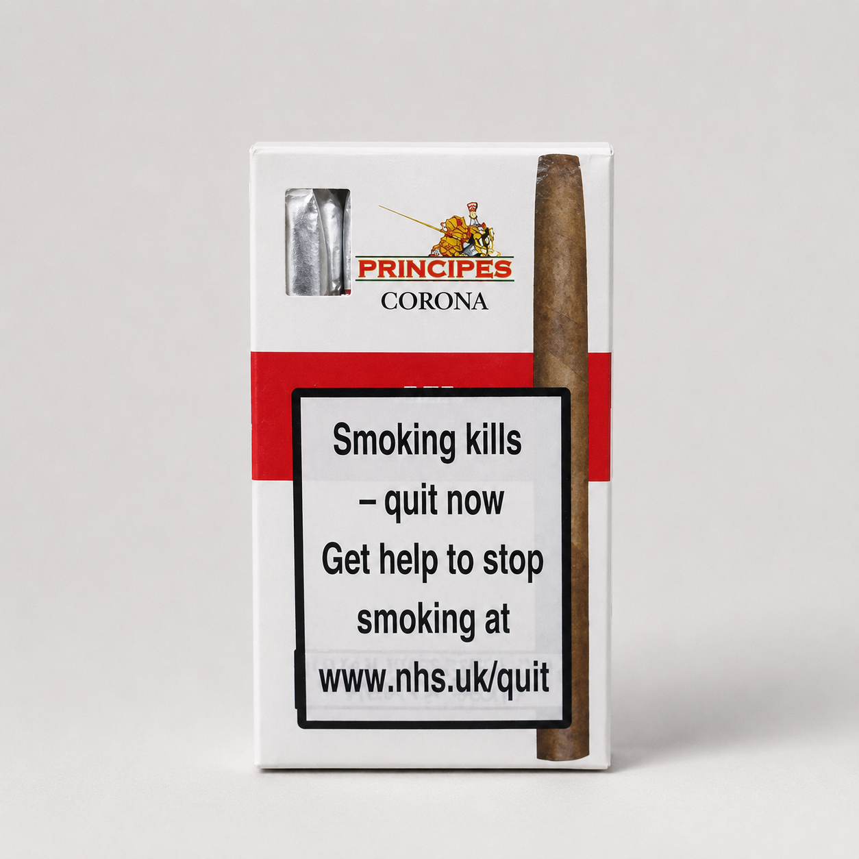 A box of Principes Corona cigars on a light gray background, featuring a white and red design with a prominent smoking health warning label and a brown cigar shown vertically on the right side.
