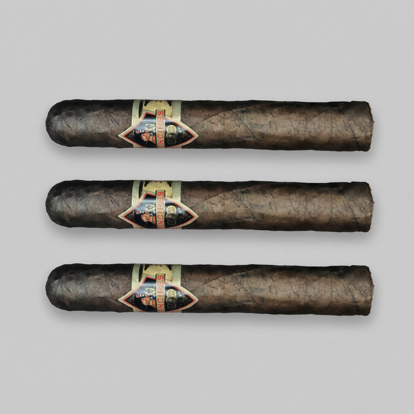 Three dark brown cigars with decorative bands, arranged horizontally in a row against a solid gray background.