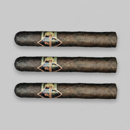 Three dark brown cigars with decorative bands, arranged horizontally in a row against a solid gray background.