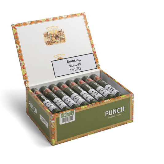 Open box of Punch cigars with a visible warning label on a white background