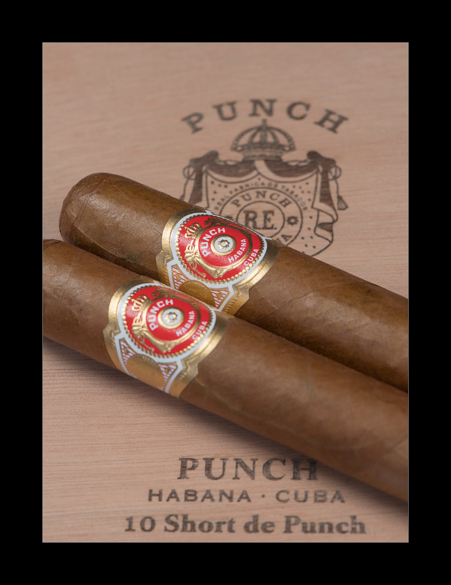 Two cigars with red and gold Punch Habana rings resting on a branded light brown wood-textured background with the Punch logo printed above and below.