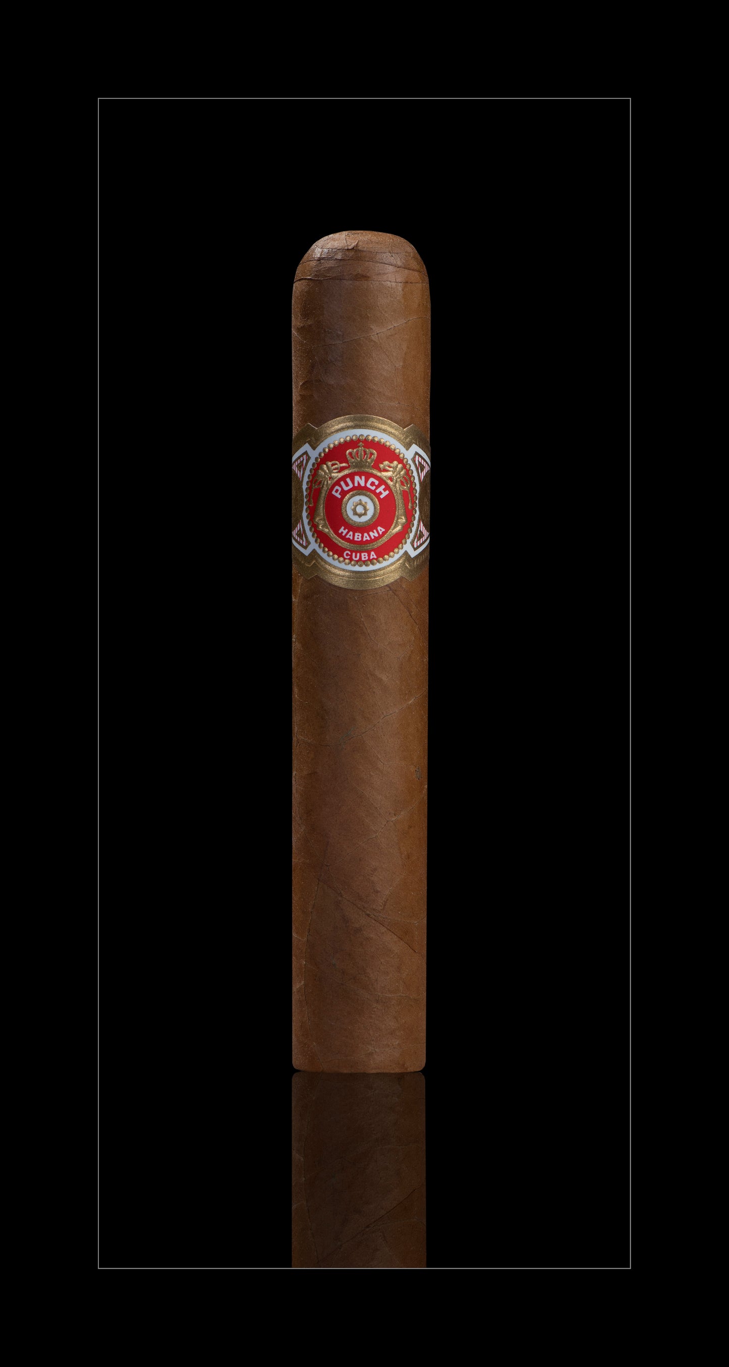 A single brown cigar with a red and gold band, centered on a black background with a subtle reflection below.