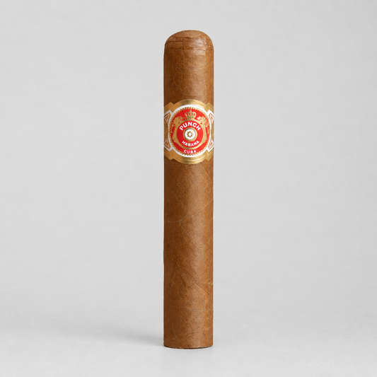 A single brown cigar standing upright on a light gray background, featuring a red and gold Tunica band label around the middle.