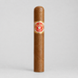A single brown cigar standing upright on a light gray background, featuring a red and gold Tunica band label around the middle.