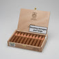 An open wooden cigar box labeled PUNCH, showing multiple brown cigars inside with red-and-gold bands. A large warning label reading 'Smoking damages your lungs' is printed on the inside lid.